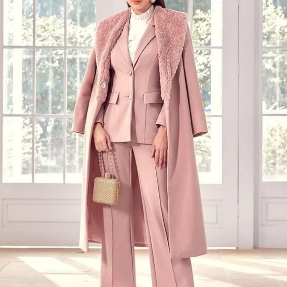 Faux Fur neckline Collar Overcoat Jacket Pink - Picture 1 of 6